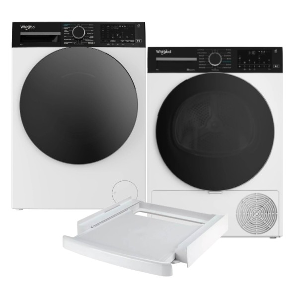 Фото - Комплект техники Whirlpool Стиральная машина с фронтальной загрузкой + Сушильная машина + Комплект креплений для установки в колонну Whirlpool WAM 87WBC UA + WP B8X WBS UA + SKS101 White